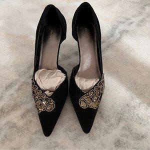 John Lewis Women’s Size 8.5 black satin heels for evening with bead & sequin